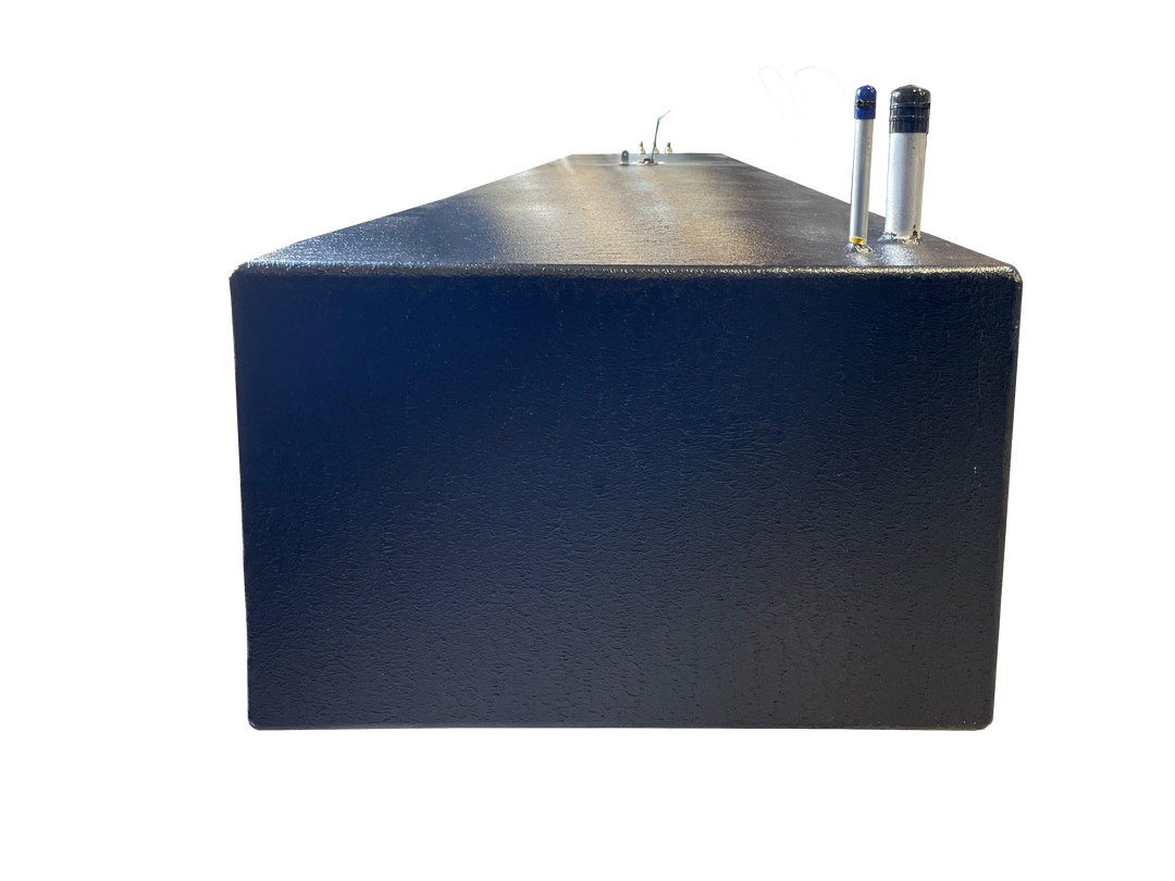 A low-angle photo of a long, dark blue, textured boat fuel tank, showing the end panel and top surface with various silver-colored fittings, against a transparent checkerboard background.