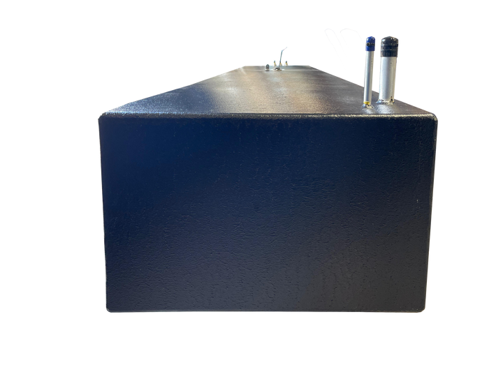 A low-angle photo of a long, dark blue, textured boat fuel tank, showing the end panel and top surface with various silver-colored fittings, against a transparent checkerboard background.