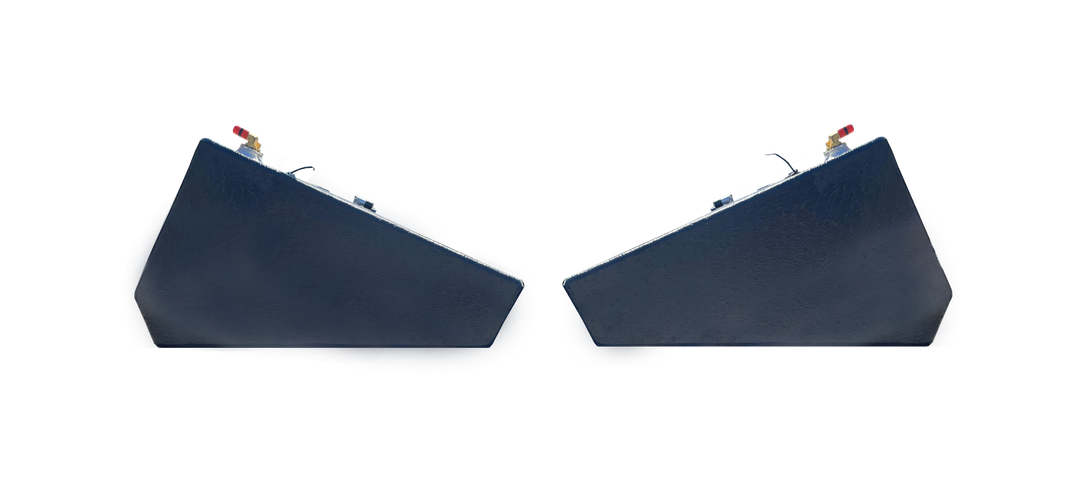 A profile view of the ends of two dark, textured, wedge-shaped boat fuel tanks, shown side-by-side as a pair, against a transparent checkerboard background.