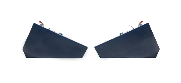 A profile view of the ends of two dark, textured, wedge-shaped boat fuel tanks, shown side-by-side as a pair, against a transparent checkerboard background.