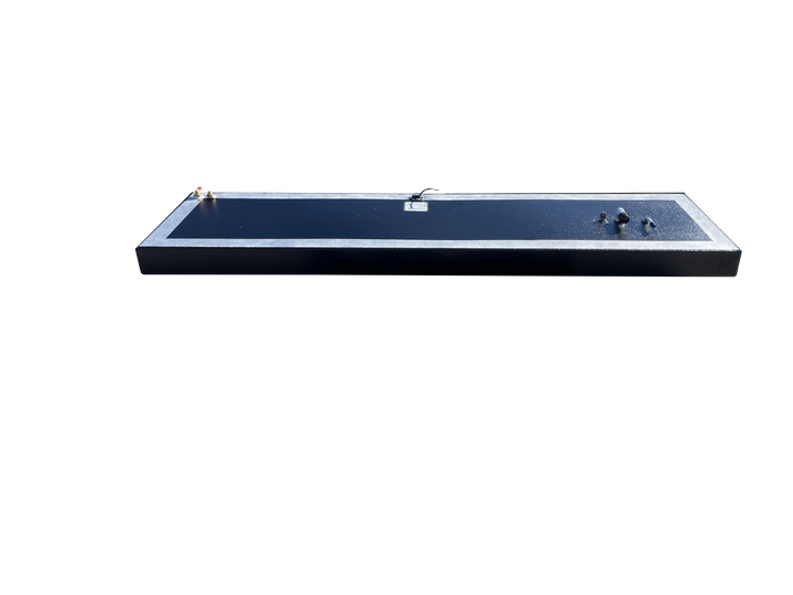 A low-angle side view of a long, rectangular boat fuel tank, showing its dark textured top framed by a light grey border. Various fittings are visible on the surface, all against a transparent checkerboard background.