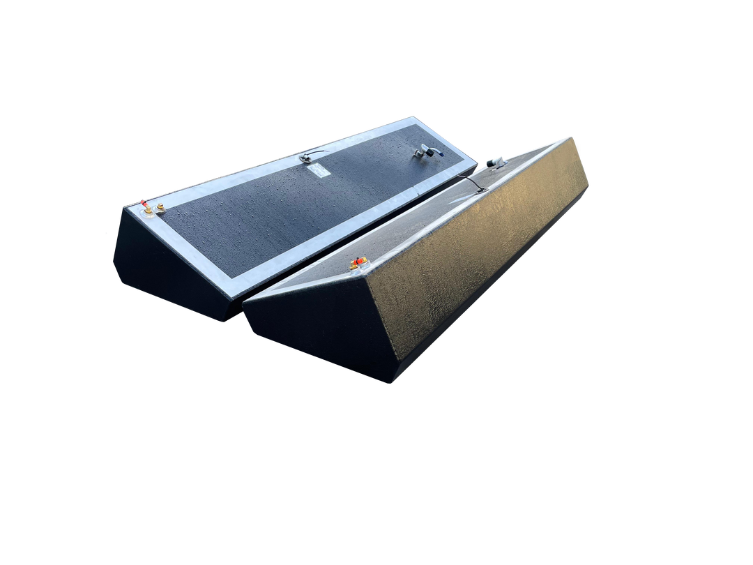 A photo of a port and starboard pair of long, wedge-shaped boat fuel tanks, shown side-by-side, detailing their dark textured finish and various top-mounted fittings against a transparent checkerboard background.