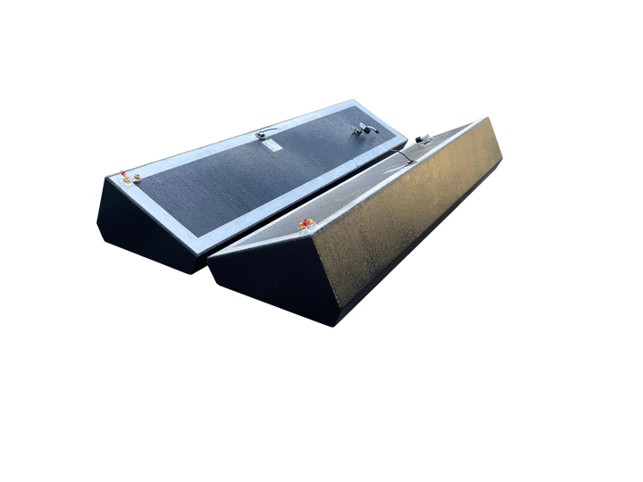 A photo of a port and starboard pair of long, wedge-shaped boat fuel tanks, shown side-by-side, detailing their dark textured finish and various top-mounted fittings against a transparent checkerboard background.