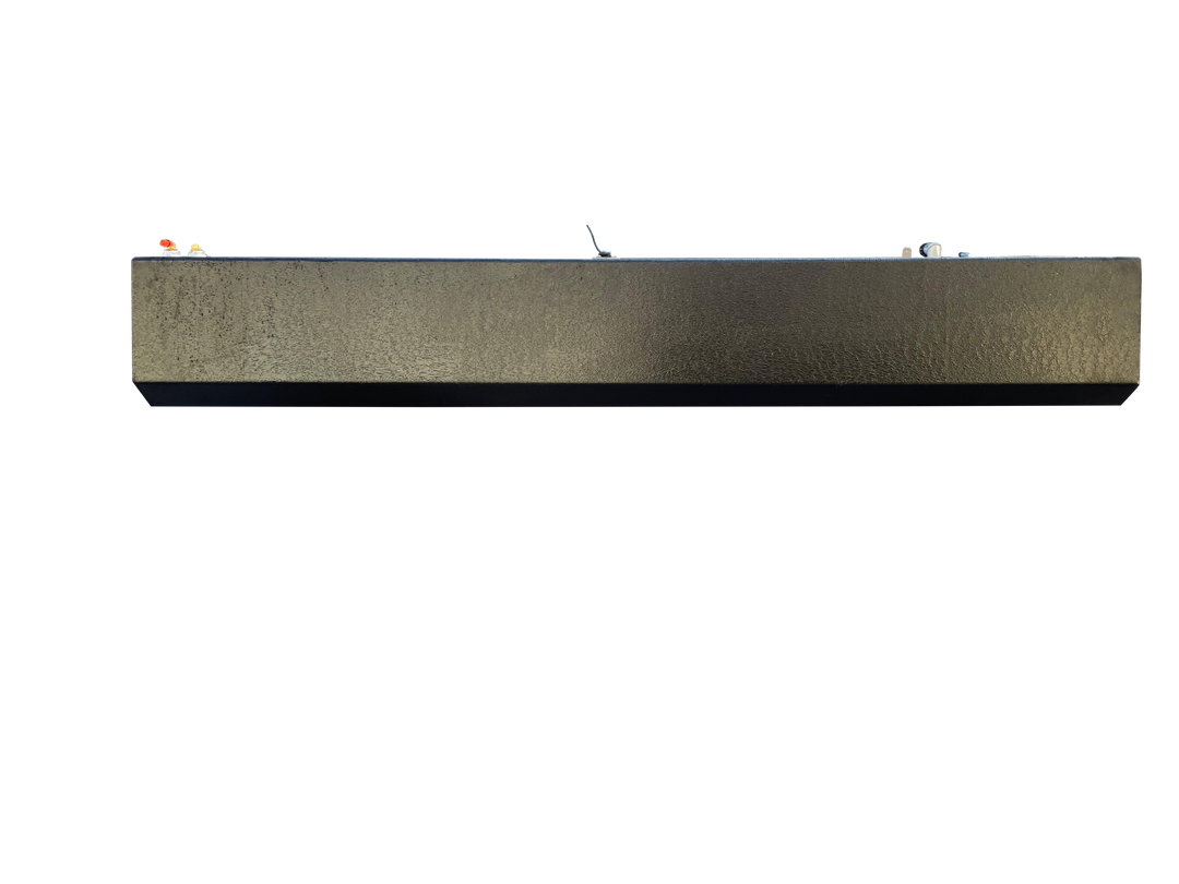 A long side profile view of a boat fuel tank with a dark, textured, slightly reflective finish, showing various fittings on its top surface, against a transparent checkerboard background.