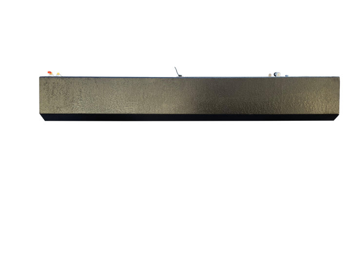 A long side profile view of a boat fuel tank with a dark, textured, slightly reflective finish, showing various fittings on its top surface, against a transparent checkerboard background.