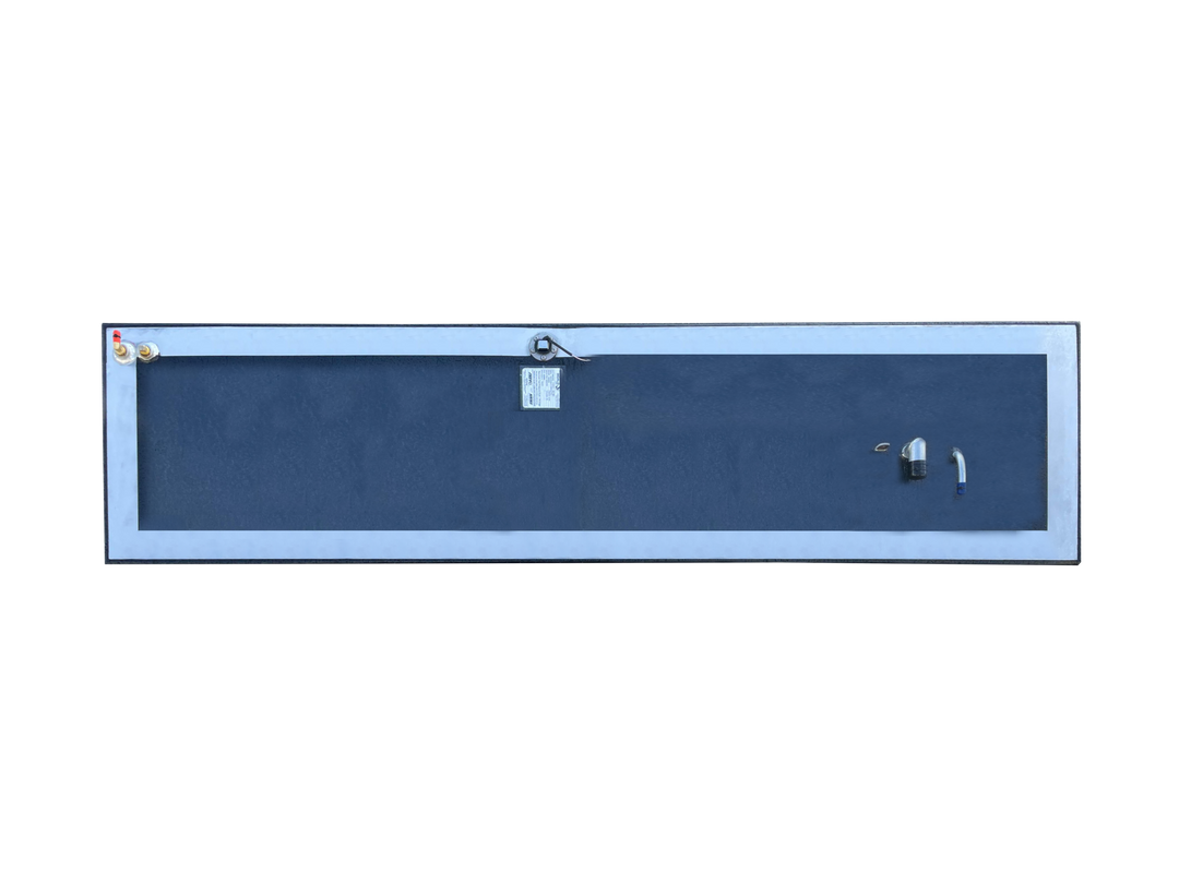 A direct top-down view of a long, rectangular boat fuel tank, showing its dark textured surface framed by a light grey border. Various fittings, including a fuel sending unit, a spec plate, and pipe connections, are visible on top, all against a transparent checkerboard background.