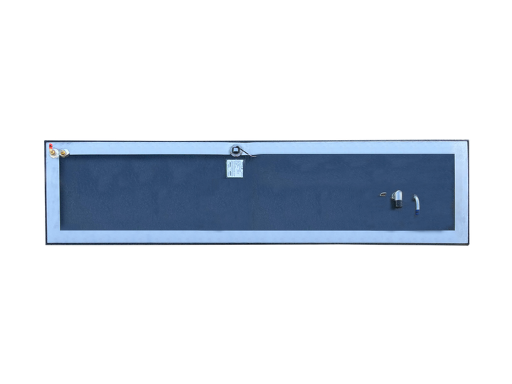 A direct top-down view of a long, rectangular boat fuel tank, showing its dark textured surface framed by a light grey border. Various fittings, including a fuel sending unit, a spec plate, and pipe connections, are visible on top, all against a transparent checkerboard background.