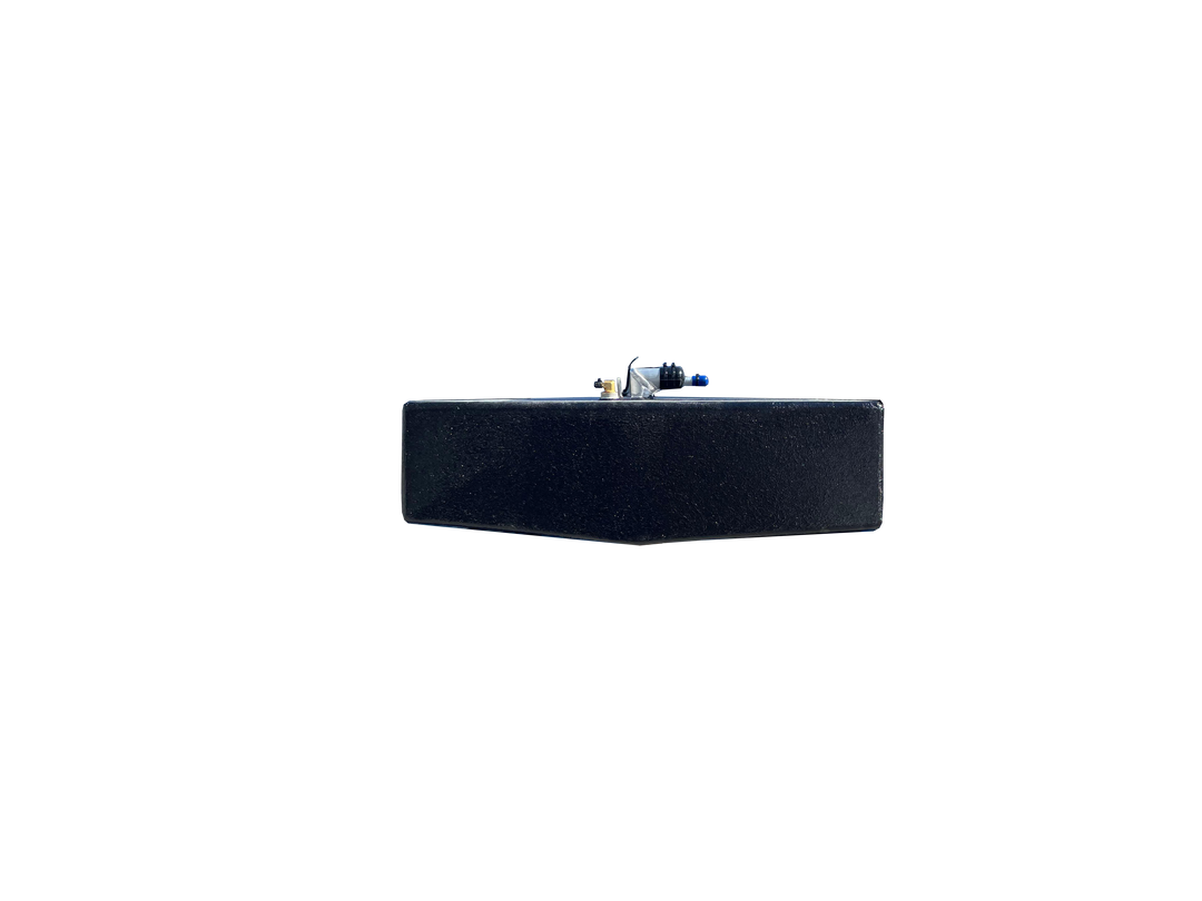 Black rectangular object with small components on a white background