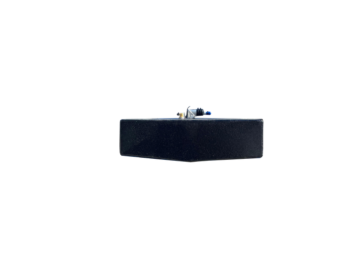 Black rectangular object with small components on a white background
