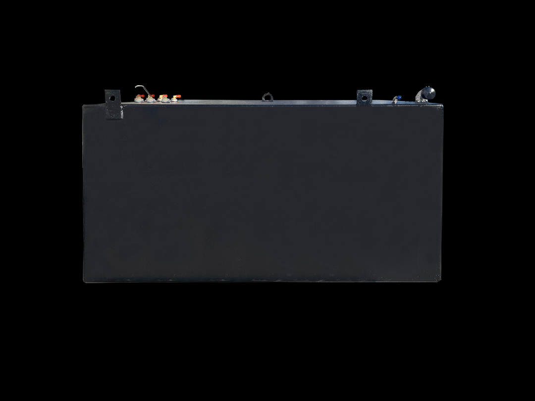 A side profile photo of a dark, rectangular boat fuel tank, showing various fittings and D-rings along the top edge, against a black background.