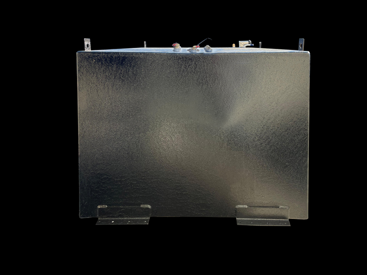 A profile photo showing the end of a large, dark, heavily textured boat fuel tank. The tank has fittings along the top edge and two large L-shaped mounting brackets visible at the bottom, against a black background.