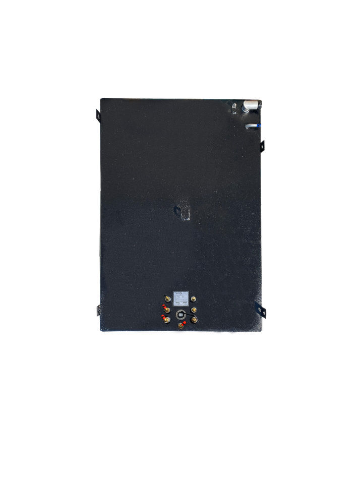 A direct top-down photo of a large, rectangular, dark, textured boat fuel tank. The tank shows two clusters of fittings, a central D-ring, and a specification plate on its top surface, against a transparent checkerboard background.