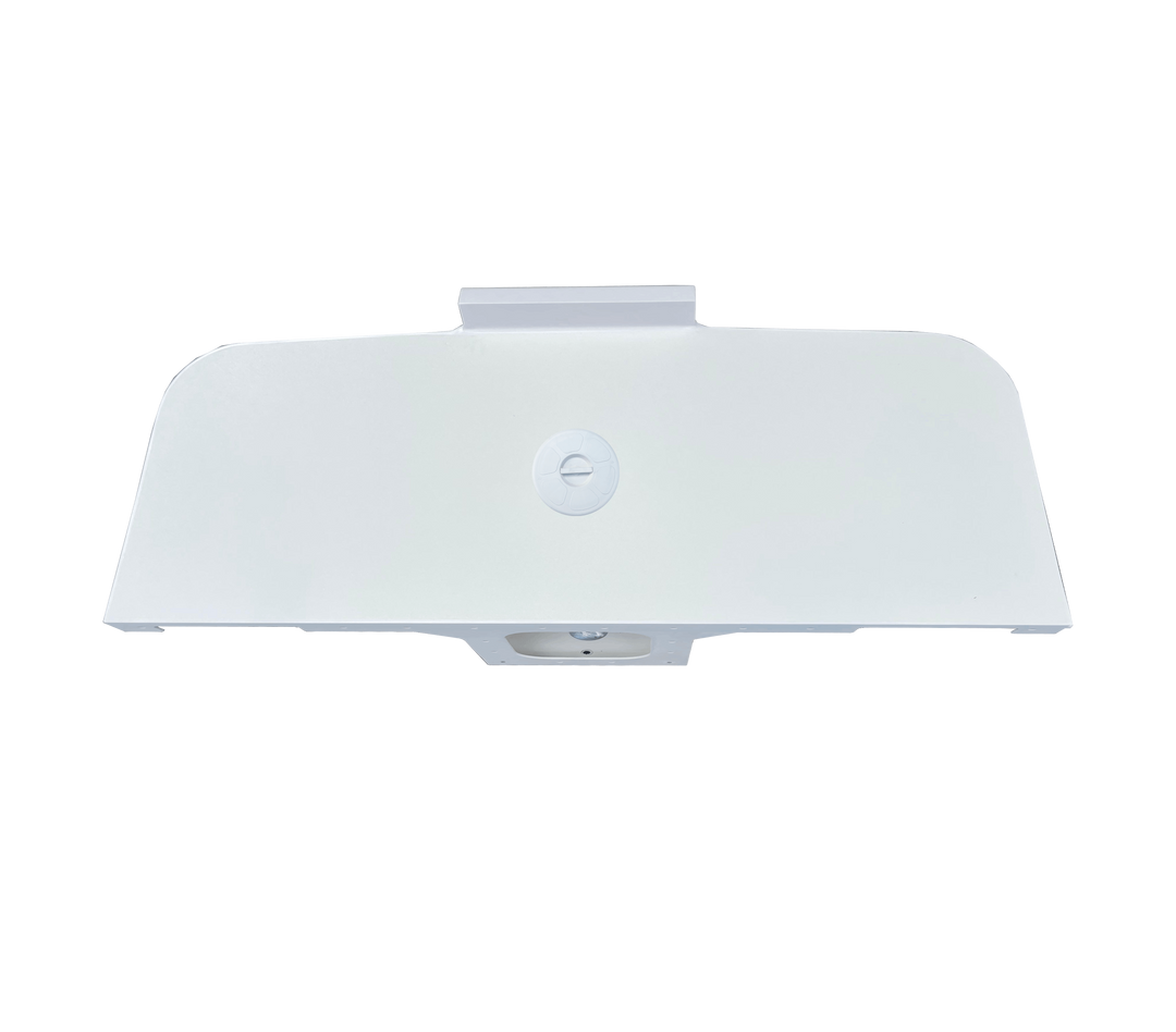 A set of four images illustrating a white, fiberglass boat engine bracket designed for a single engine, identified as a "Bayliner Trophy 25 2052 1989 apex single engine brakcet." The bracket features a wide, flat T-shaped top plate with mounting holes lining the perimeter. A raised section is visible at the rear of the top plate. The center section is hollow with a large, square cutout and internal supports. One image shows the bracket from the side, one from an isometric perspective, one from a straight-on