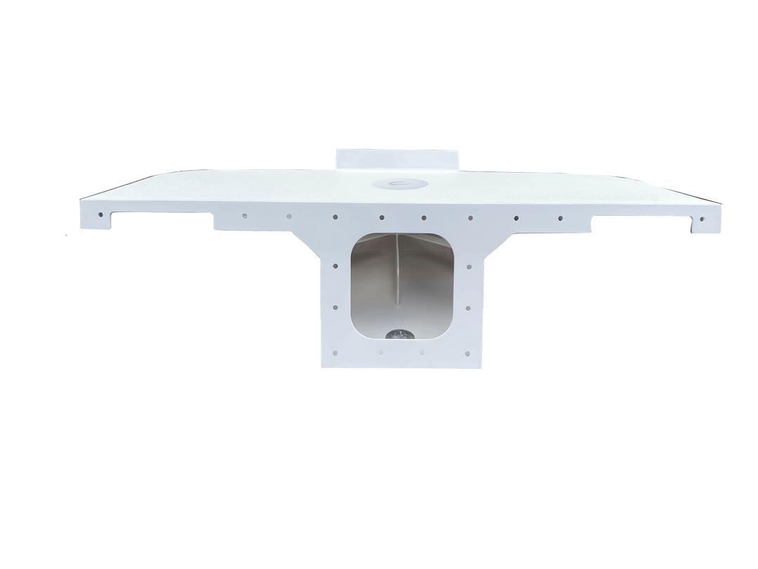 A composite set of images showing a white, fiberglass boat engine bracket for a single engine, identified as a "Bayliner Trophy 25 2052 1989 apex single engine brakcet". The bracket is wide and T-shaped, featuring a flat top mounting plate and a hollow central section with a large, squarish cutout. Multiple views include a straight-on front elevation and an isometric perspective, showing mounting holes along the perimeter and a raised section at the rear of the top plate. A circular access cover is visible 