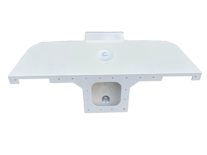 A collection of images featuring a white, fiberglass boat engine bracket designed for a single engine. The bracket is specifically titled "Bayliner Trophy 25 2052 1989 apex single engine brakcet". The bracket has a wide, flat, T-shaped top mounting plate. A circular access hatch or cover is visible in the center of the top surface. The main body is hollow with a large, square cutout, showing internal structural supports. Mounting holes are visible along the perimeter of the top and bottom flanges. A raised 