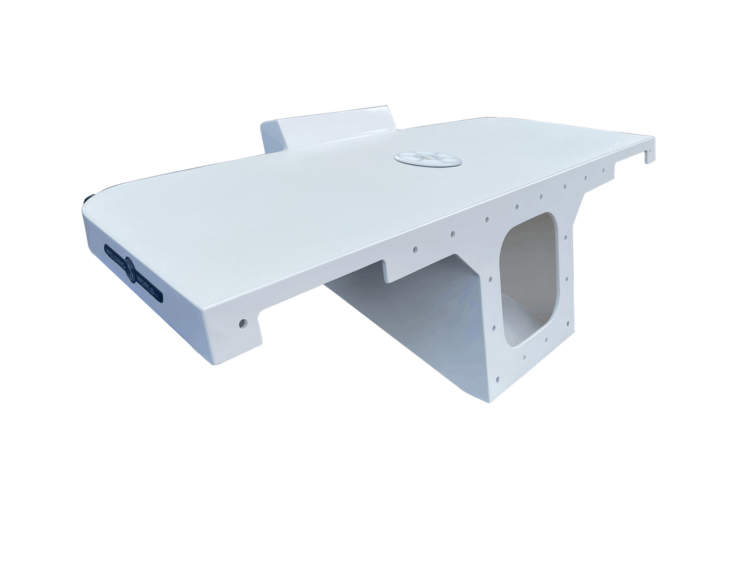 An image of a white, fiberglass boat engine bracket designed for a single engine, shown against a checkered background. The bracket is wide and flat on top with a raised section at the rear. The main body features a large, squarish central cutout for the engine well, and numerous small mounting holes line the perimeter of the top and bottom mounting flanges. The title associated with the product is "Bayliner Trophy 25 2052 1989 apex single engine brakcet."