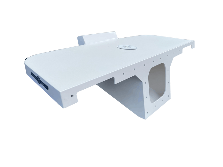 An image of a white, fiberglass boat engine bracket designed for a single engine, shown against a checkered background. The bracket is wide and flat on top with a raised section at the rear. The main body features a large, squarish central cutout for the engine well, and numerous small mounting holes line the perimeter of the top and bottom mounting flanges. The title associated with the product is "Bayliner Trophy 25 2052 1989 apex single engine brakcet."