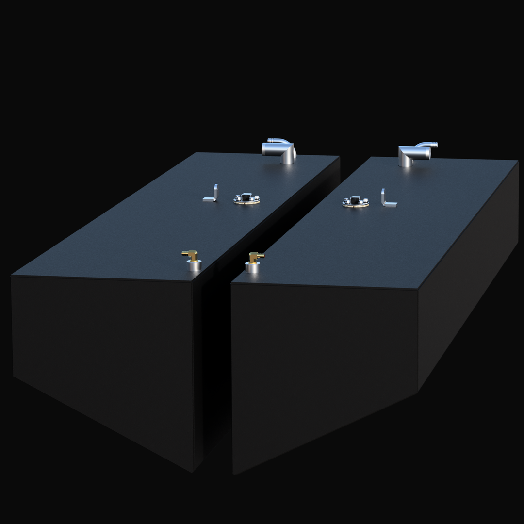 Perspective view of the White Water 28 Forward replacement fuel tank pair (75 gal each). The image displays the complete Port and Starboard set side-by-side, detailing the long rectangular "belly tank" design, angled hull bottoms, and full top-mounted fitting assembly.