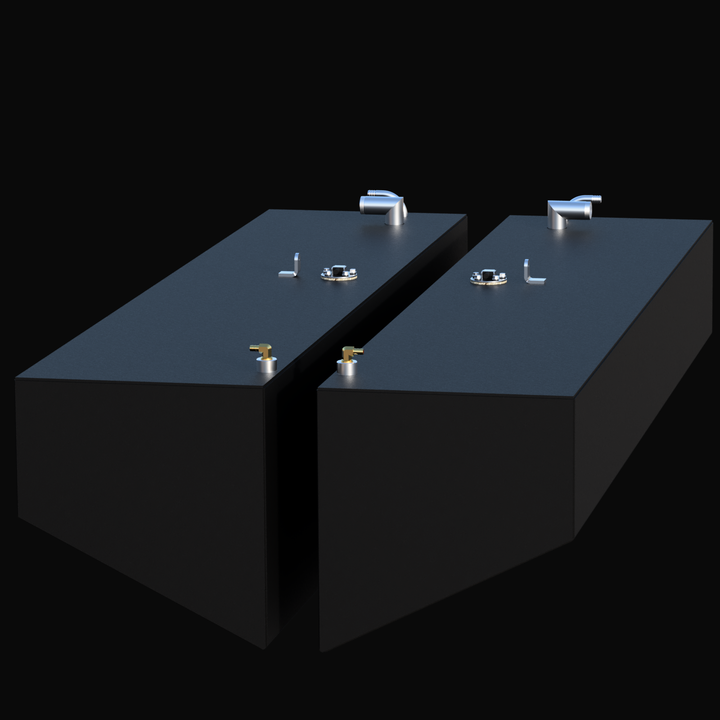 Perspective view of the White Water 28 Forward replacement fuel tank pair (75 gal each). The image displays the complete Port and Starboard set side-by-side, detailing the long rectangular "belly tank" design, angled hull bottoms, and full top-mounted fitting assembly.