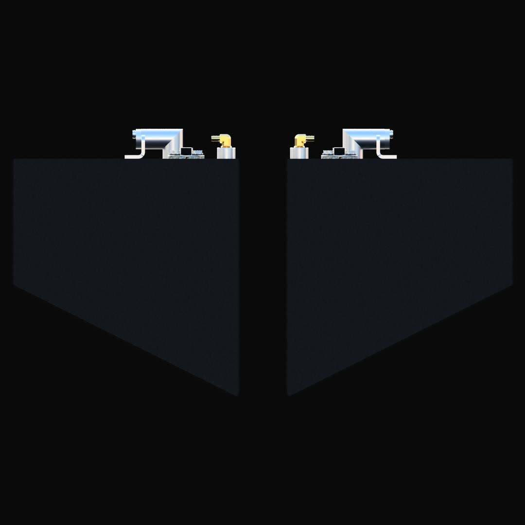 End elevation view of the White Water 28 Forward replacement fuel tank pair (75 gal each). The image displays both Port and Starboard units side-by-side, highlighting the specific deadrise angle designed to match the hull's V-shape, along with the top-mounted fill elbows and vent fittings.