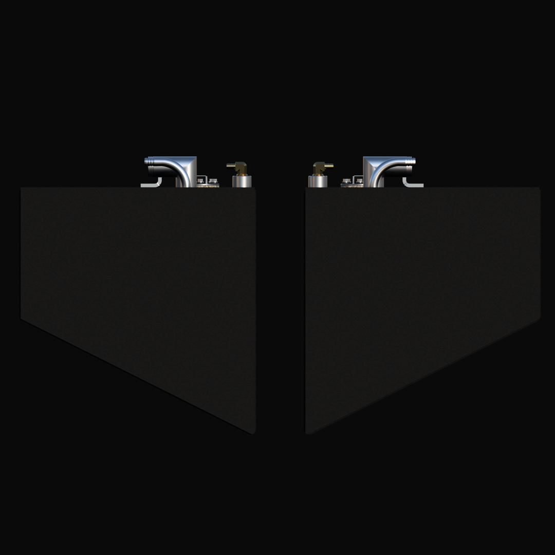End elevation profile of the White Water 28 Forward replacement fuel tank pair (75 gal each). The image displays the deep V-shaped deadrise angle on the bottom of both Port and Starboard units, along with the top-mounted fuel fill and vent components.