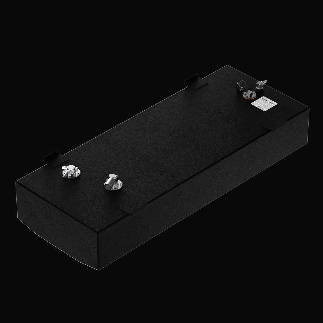 High-angle perspective of a 50-gallon Yellowfin 21 Bay-Hybrid (2010–2023) fuel tank replacement featuring a rugged Coal Tar Epoxy finish. This view highlights the dual internal baffles, offset fuel pickups, and heavy-duty welded mounting tabs, ensuring a guaranteed OEM fit and maximum corrosion resistance in foamed-in hull environments.