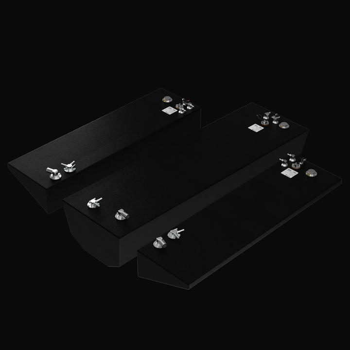 Full 3-piece OEM replacement fuel tank kit for a Yellowfin 26 Hybrid (2015-2026), featuring a 118-gallon center tank and twin 30-gallon port and starboard saddle tanks, all finished in corrosion-resistant coal-tar epoxy with premium hardware.