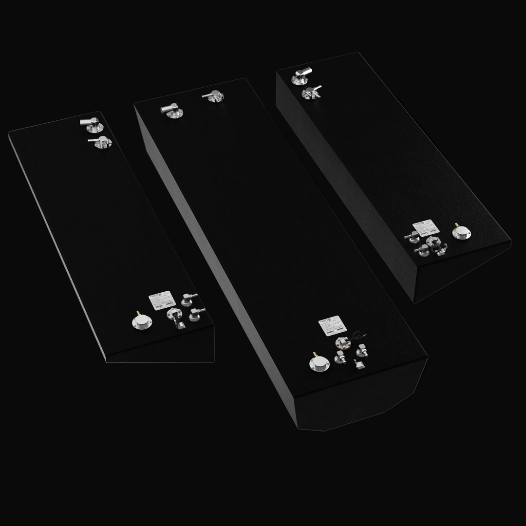 High-angle 3D rendering of the 3-piece OEM replacement fuel tank kit for a 2015-2026 Yellowfin 26 Hybrid, featuring the 118-gallon center tank and two 30-gallon saddle tanks with pre-installed rigging hardware and a coal-tar epoxy finish.