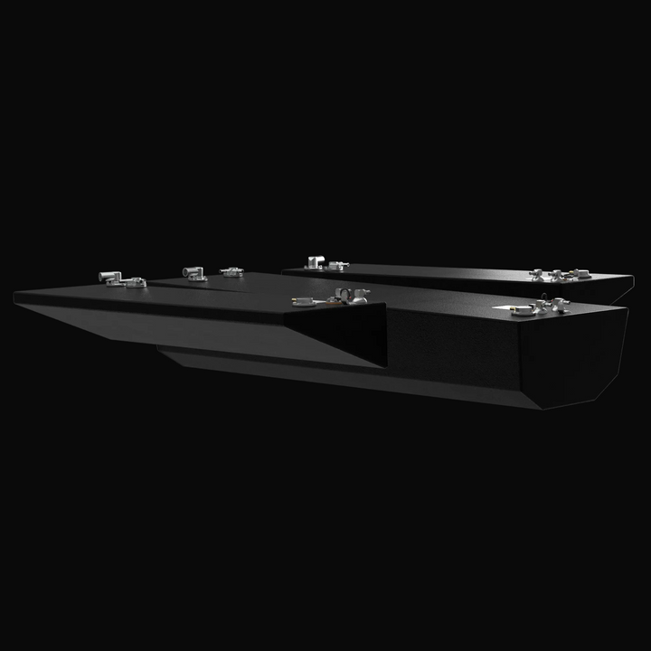 Low-angle wide-perspective 3D rendering of the 118-gallon center tank and twin 30-gallon saddle tanks for a 2015-2026 Yellowfin 26 Hybrid, showcasing the hull-matching tapered profiles and coal-tar epoxy corrosion protection.