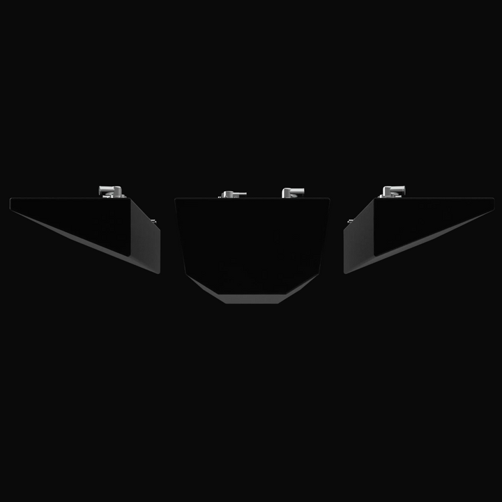 Rear-profile 3D rendering of the 3-piece fuel tank kit for a 2015-2026 Yellowfin 26 Hybrid, showcasing the mirrored wedge-style port and starboard saddle tanks alongside the tapered center tank profile to demonstrate precise hull-fit geometry.