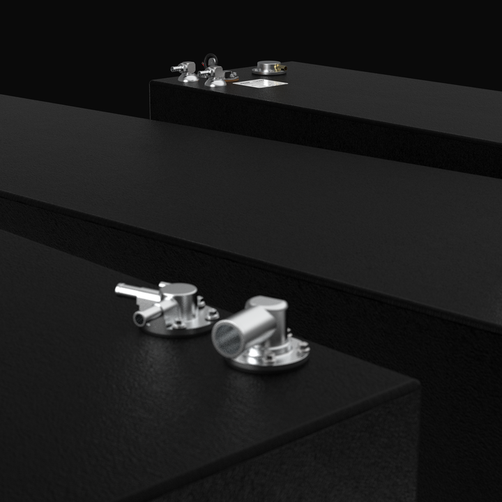 Detailed close-up 3D rendering of the fuel fill and vent assembly for a Yellowfin 26 Hybrid replacement fuel tank kit, showcasing the precision-machined 90-degree fittings and heavy-duty coal-tar epoxy coating.