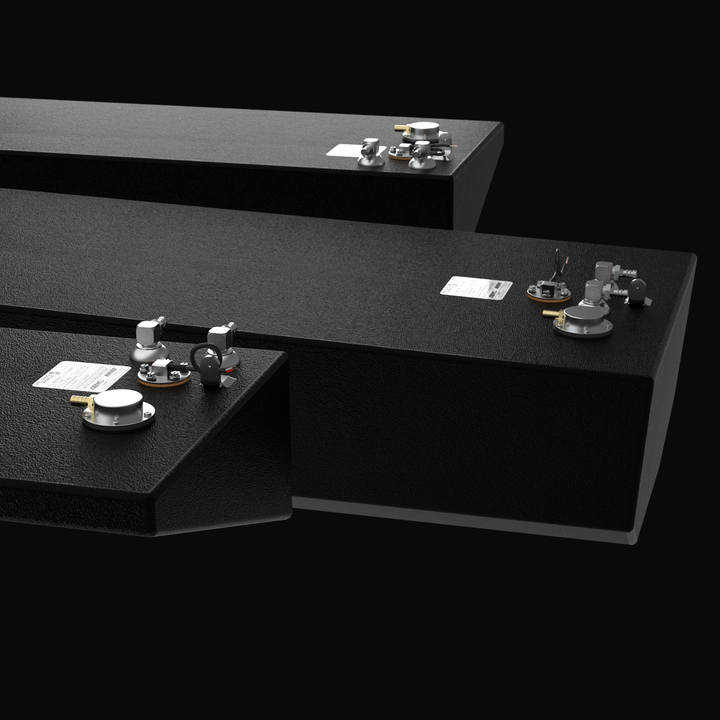 Detailed close-up 3D rendering of the rigging hardware on a Yellowfin 26 Hybrid 3-piece fuel tank kit, featuring premium fuel pickups, sending units, and inspection plates on coal-tar epoxy finished center and saddle tanks.