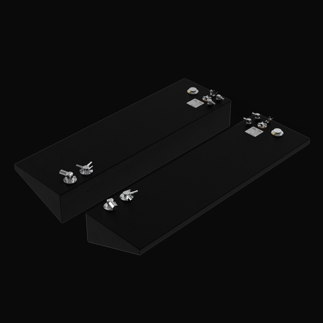 Isometric 3D rendering of a pair of 30-gallon port and starboard OEM replacement fuel tanks for a 2015-2026 Yellowfin 26 Hybrid, featuring a protective coal-tar epoxy finish, wedge-shaped hull-contoured design, and pre-installed rigging hardware.