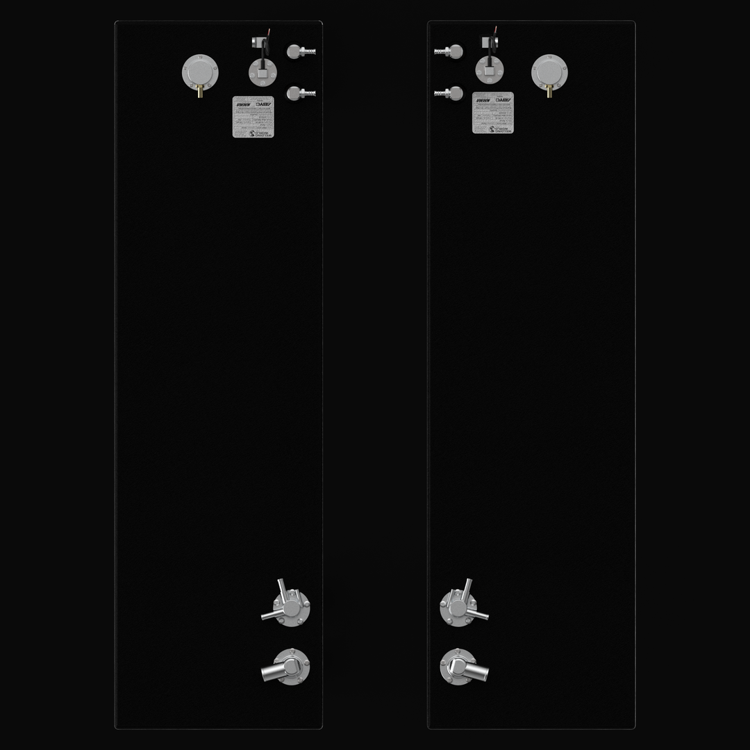 Top-down 3D rendering of the mirrored port and starboard fuel tank set for a 2015-2026 Yellowfin 26 Hybrid, showcasing the 30-gallon capacity layout, protective coal-tar epoxy finish, and pre-installed ABYC-compliant rigging ports.