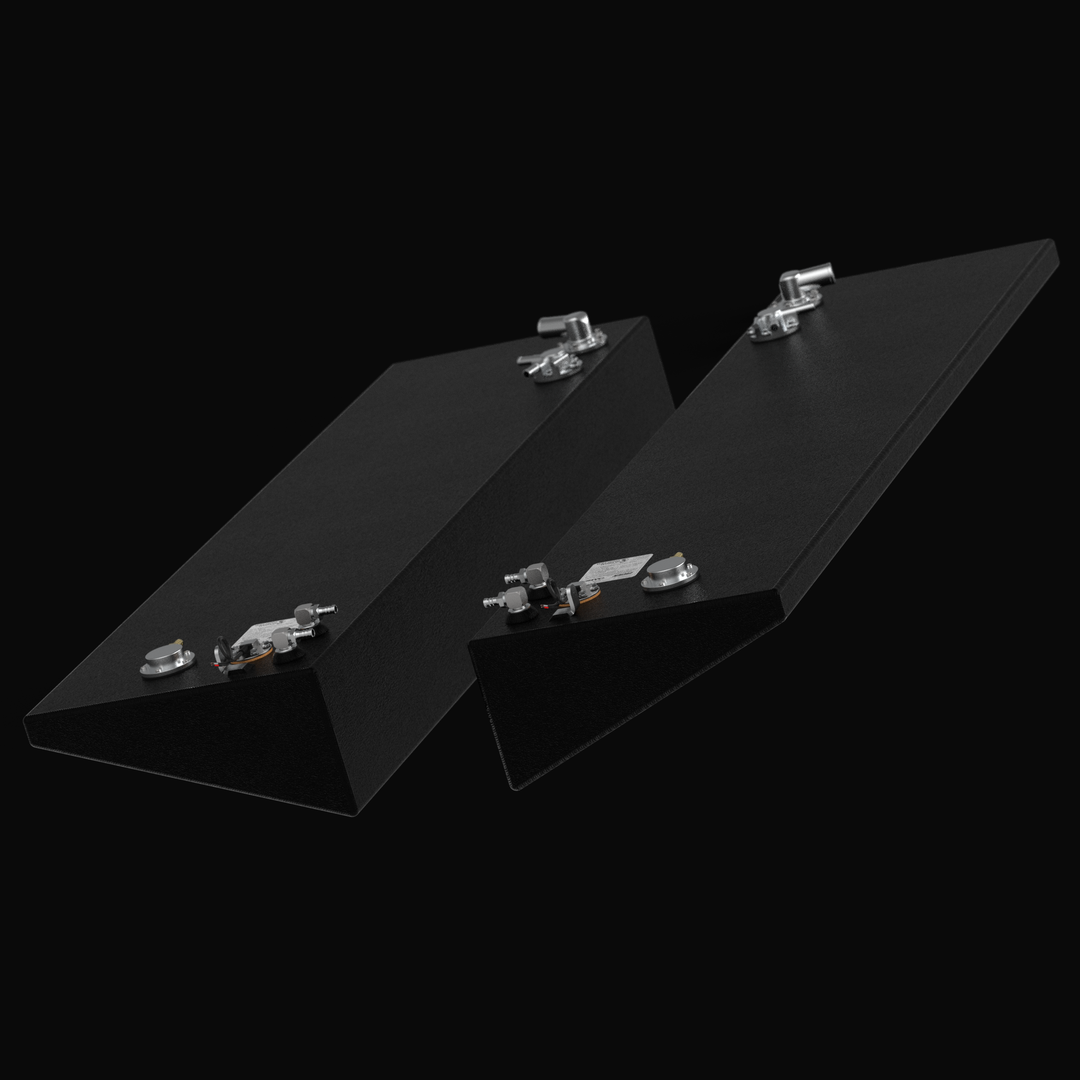 Isometric 3D rendering of a matching pair of 30-gallon port and starboard fuel tanks for a 2015-2026 Yellowfin 26 Hybrid, featuring specialized wedge-hull contours, coal-tar epoxy finish, and pre-installed rigging hardware.