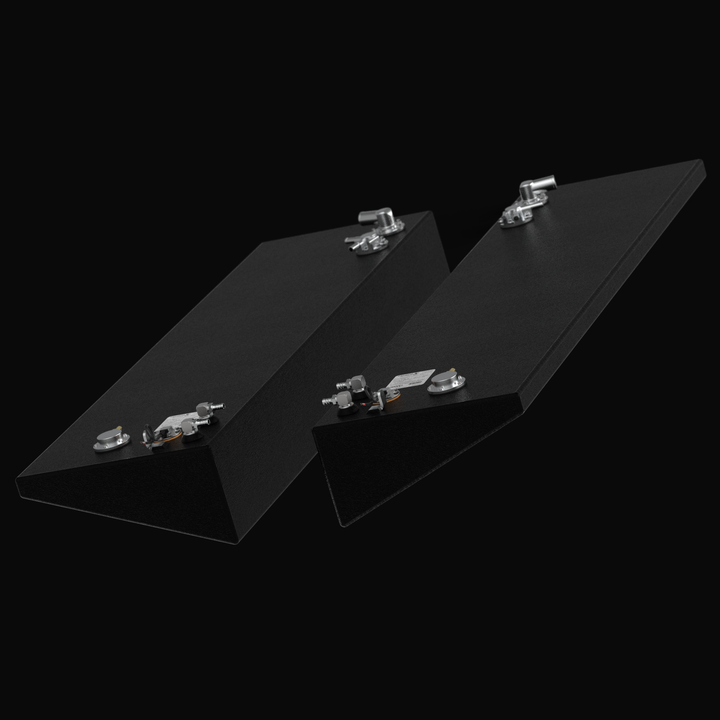 Isometric 3D rendering of a matching pair of 30-gallon port and starboard fuel tanks for a 2015-2026 Yellowfin 26 Hybrid, featuring specialized wedge-hull contours, coal-tar epoxy finish, and pre-installed rigging hardware.
