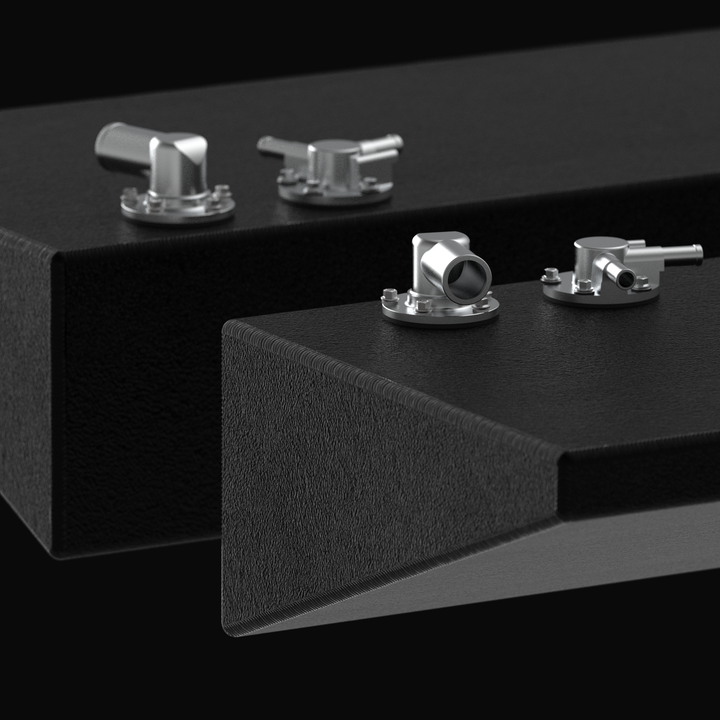 Close-up 3D rendering of the dual fuel tank replacement system for a 2015-2026 Yellowfin 26 Hybrid, showcasing the specialized wedge-shaped hull contour, textured coal-tar epoxy finish, and stainless steel fuel fill and vent fittings.