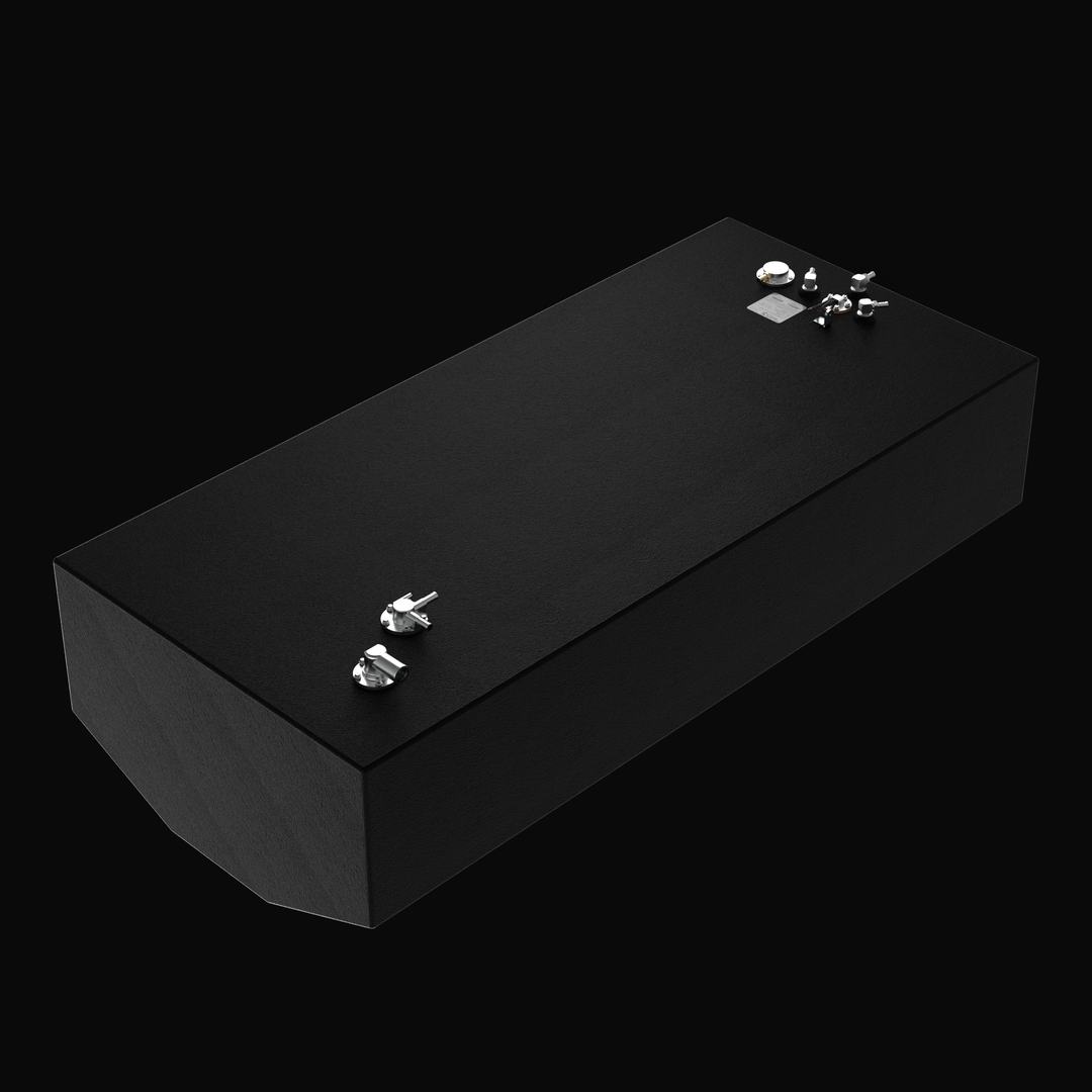 High-angle isometric view of a 220-gallon Yellowfin 34 (2007–2026) center fuel tank replacement, showcasing the hull-conforming V-bottom geometry. The image highlights the heavy-duty .125" marine-grade aluminum construction finished with a rugged, high-build Coal Tar Epoxy coating and precision top-mounted EPA-compliant fittings, ensuring a guaranteed OEM fit and superior corrosion resistance for offshore performance.