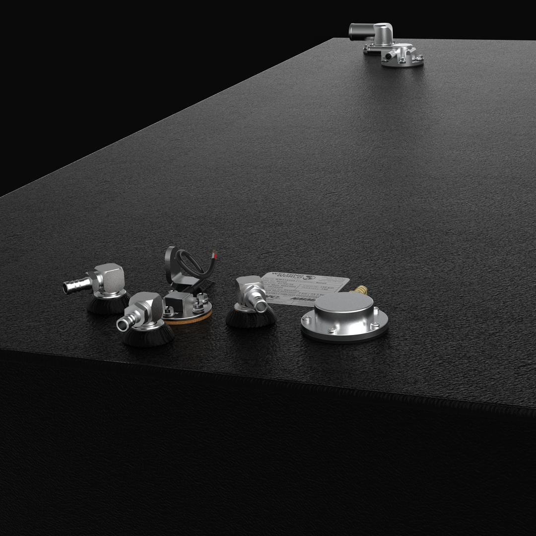 Close-up detail view of the top-mounted fittings on a Yellowfin 34 (2007–2026) center fuel tank replacement. The image highlights the precision-machined EPA-compliant fuel pickups, vent fittings, and official ABYC/NMMA certification label. The rugged texture of the high-build Coal Tar Epoxy coating on heavy-duty .125" marine-grade aluminum is clearly visible, ensuring a guaranteed OEM fit and maximum corrosion resistance.