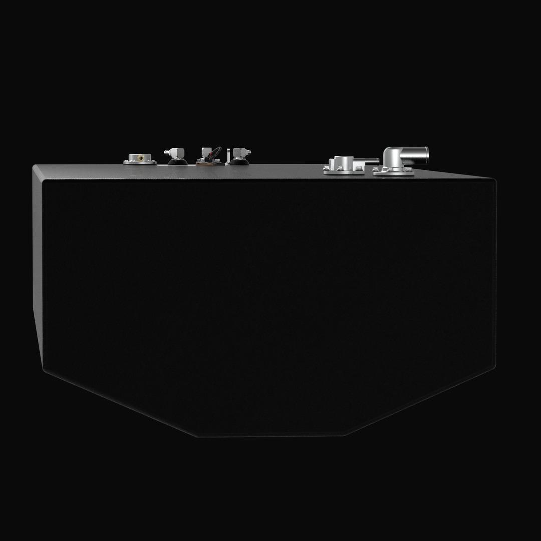 Front-perspective profile of a 220-gallon Yellowfin 34 (2007–2026) center fuel tank replacement, highlighting the precision-engineered V-bottom hull-conforming geometry. The image showcases the heavy-duty .125" marine-grade aluminum construction finished with a rugged Coal Tar Epoxy coating and precision top-mounted EPA-compliant fittings, ensuring a guaranteed OEM fit and superior corrosion resistance for offshore performance.