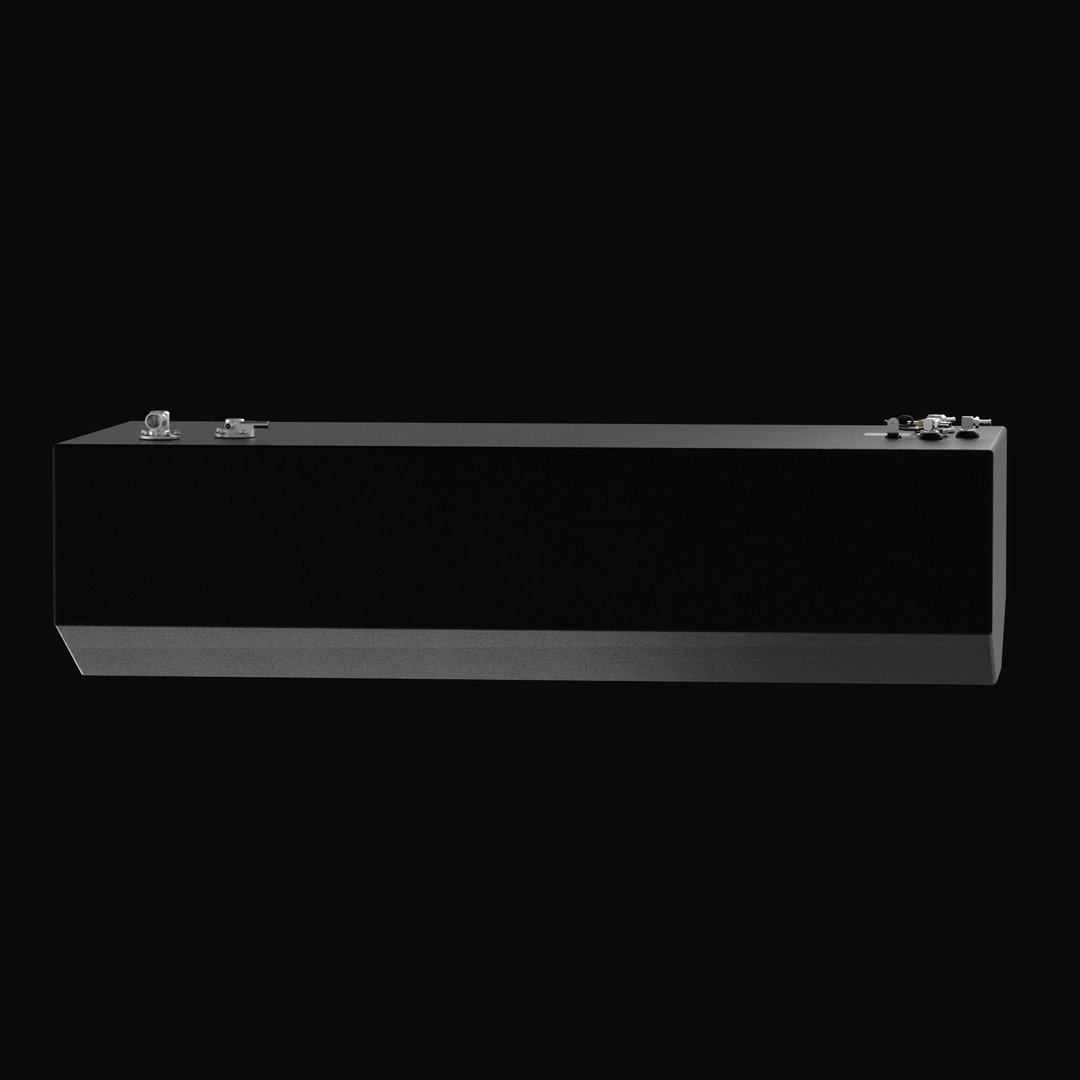 Side-profile view of a 220-gallon Yellowfin 34 (2007–2026) center fuel tank replacement, showcasing the elongated hull-conforming V-bottom geometry. The image highlights the heavy-duty .125" marine-grade aluminum construction finished with a rugged Coal Tar Epoxy coating and precision top-mounted EPA-compliant fittings, ensuring a guaranteed OEM fit and superior corrosion resistance for offshore performance.