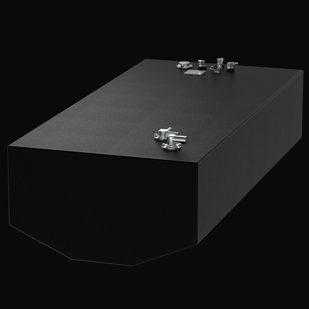 High-angle perspective view of a 220-gallon Yellowfin 34 (2007–2026) center fuel tank replacement, featuring a hull-conforming V-bottom geometry. The image showcases the heavy-duty .125" marine-grade aluminum construction finished with a high-build Coal Tar Epoxy coating and precision top-mounted EPA-compliant fittings, ensuring a guaranteed OEM fit and superior corrosion resistance for offshore performance.