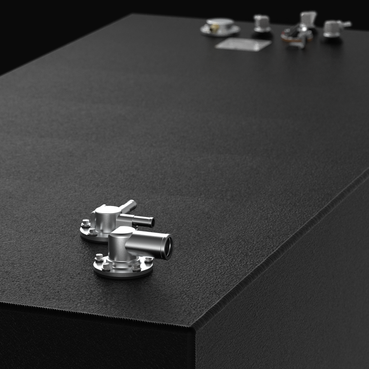 Close-up detail of a Yellowfin 34 (2007–2026) replacement fuel tank featuring a high-build Coal Tar Epoxy coating and precision-machined top fittings. The image showcases the heavy-duty TIG-welded seams and rugged texture of the corrosion-resistant finish, ensuring a guaranteed OEM fit and long-term durability for foamed-in offshore marine environments.