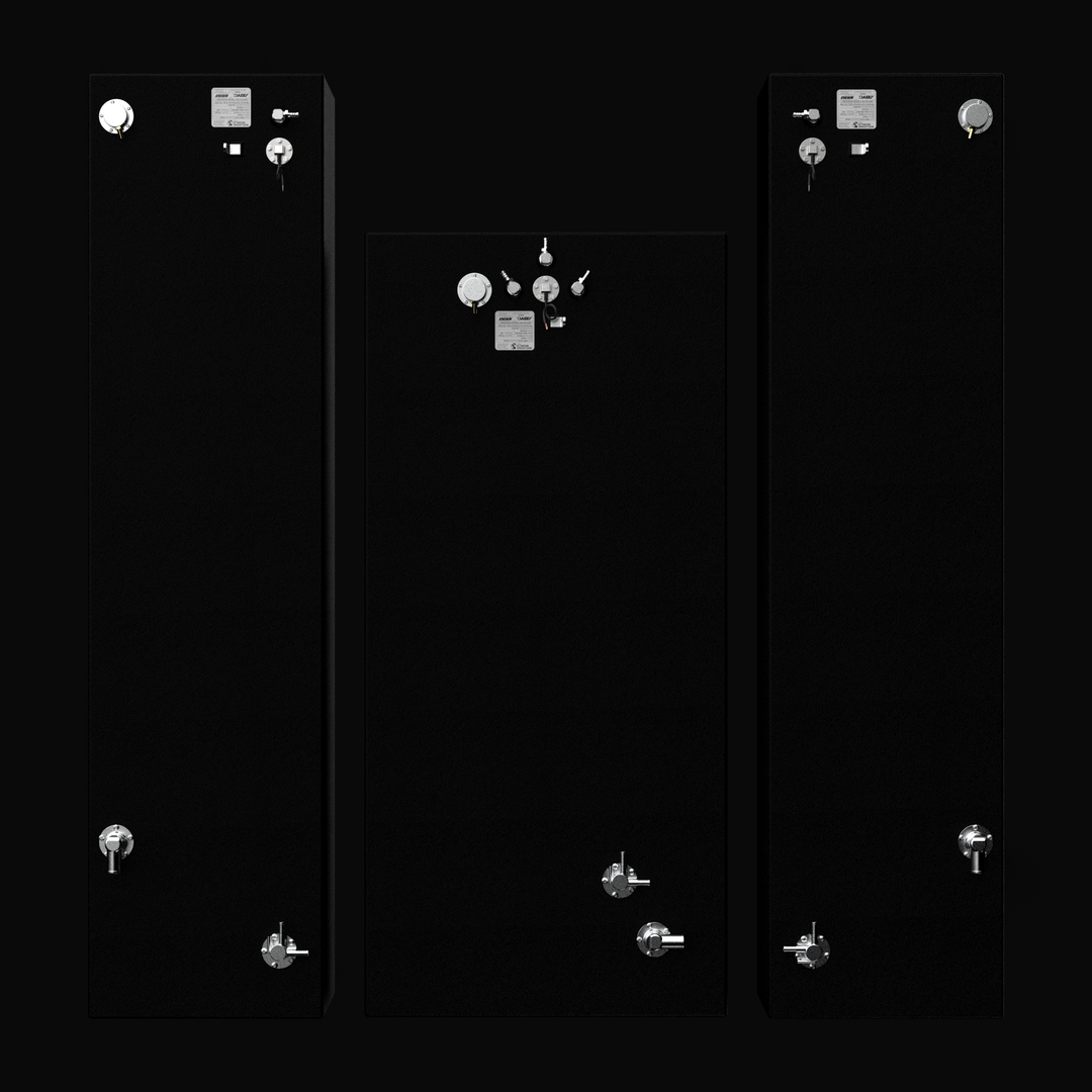 Top-down plan view of the complete 3-tank replacement fuel system for a Yellowfin 34 (2007–2026), featuring the 220-gallon center tank and auxiliary 80-gallon port and starboard wing tanks. The image highlights the precision layout of top-mounted EPA-compliant fittings and the rugged Coal Tar Epoxy finish on heavy-duty .125" marine-grade aluminum, ensuring a guaranteed OEM fit and maximum corrosion resistance.