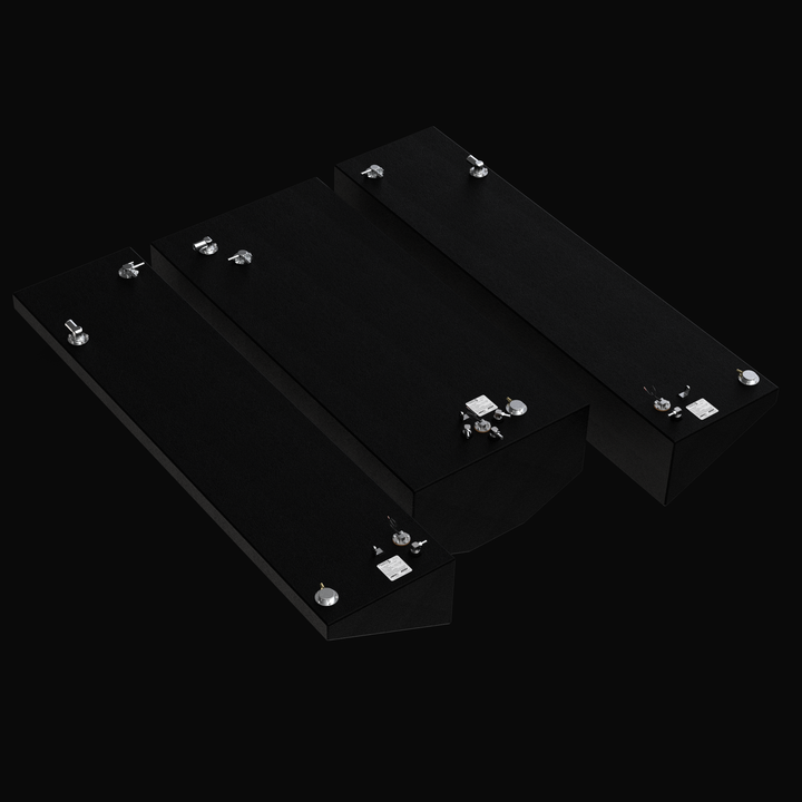 High-angle isometric view of the complete 3-tank replacement fuel system for a Yellowfin 34 (2007–2026), featuring the 220-gallon center tank and symmetrical 80-gallon port and starboard wing tanks. The image highlights the rugged Coal Tar Epoxy finish on heavy-duty .125" marine-grade aluminum and precision-placed EPA-compliant top fittings, ensuring a guaranteed OEM fit and maximum corrosion resistance for offshore performance.