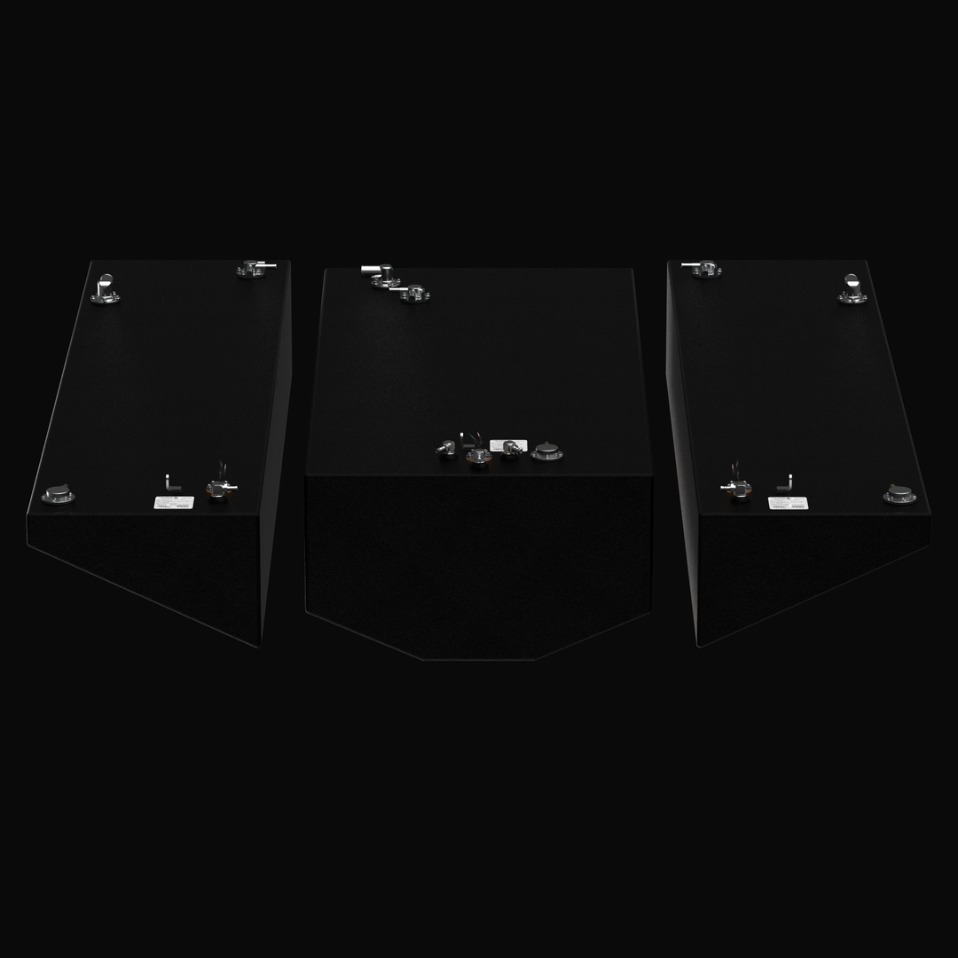 Rear-perspective view of the complete 3-tank replacement fuel system for a Yellowfin 34 (2007–2026), featuring the 220-gallon center tank with its V-bottom hull-conforming design and the symmetrical 80-gallon port and starboard wing tanks. The image highlights the rugged Coal Tar Epoxy finish on heavy-duty .125" marine-grade aluminum and precision-placed EPA-compliant top fittings, ensuring a guaranteed OEM fit and maximum corrosion resistance for offshore performance.