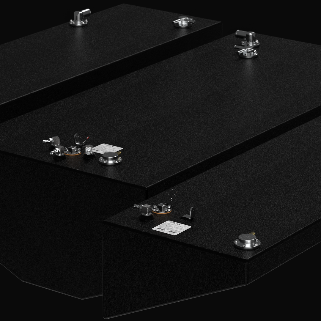 Close-up isometric view of the complete 3-tank replacement fuel system for a Yellowfin 34 (2007–2026), showcasing the precision top-mounted EPA-compliant fittings and official ABYC/NMMA certification labels. The image highlights the rugged, corrosion-resistant Coal Tar Epoxy finish on heavy-duty .125" marine-grade aluminum, ensuring a guaranteed OEM fit and modern pressure-tested reliability for offshore performance.