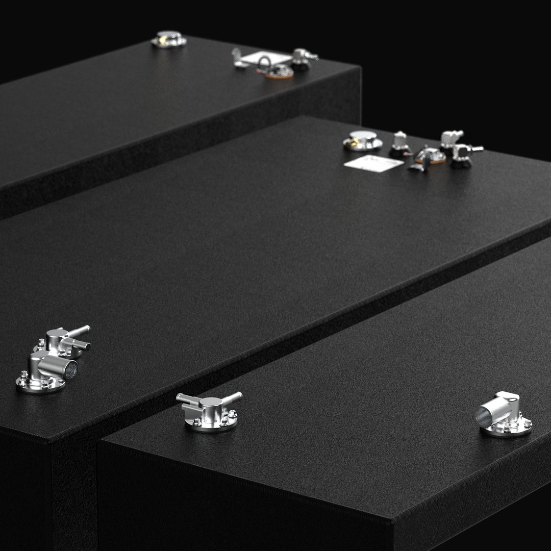 Close-up detail view of the complete 3-tank replacement fuel system for a Yellowfin 34 (2007–2026), emphasizing the precision-machined top-mounted fuel fittings and heavy-duty TIG-welded seams. The image highlights the rugged, high-build Coal Tar Epoxy finish on .125" marine-grade aluminum, providing an impenetrable moisture barrier and guaranteed OEM fit for high-performance offshore vessels.