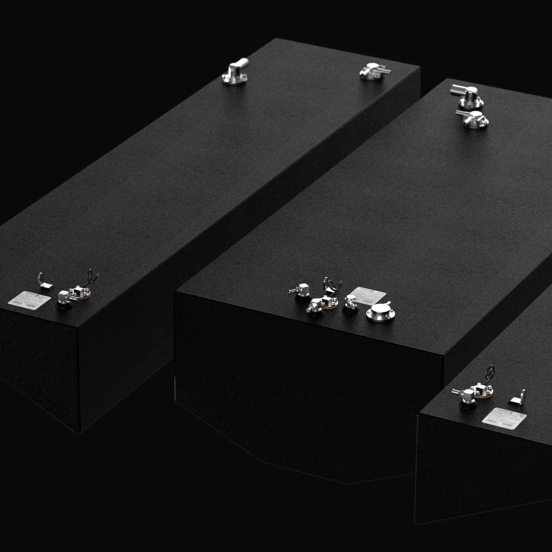 Close-up isometric view of the complete 3-tank replacement fuel system for a Yellowfin 34 (2007–2026), featuring the 220-gallon center tank and auxiliary 80-gallon port and starboard wing tanks. The image highlights the rugged Coal Tar Epoxy finish on heavy-duty .125" marine-grade aluminum and precision-placed EPA-compliant top fittings with official certification labels, ensuring a guaranteed OEM fit and maximum corrosion resistance for offshore performance.
