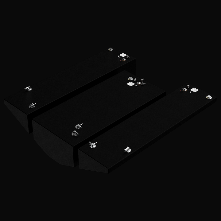 High-angle isometric view of a complete 3-tank replacement fuel system for a Yellowfin 34 (2007-2026), including the 220-gallon center tank and 80-gallon port and starboard wing tanks. The image showcases the precision-engineered aluminum construction with a protective Coal Tar Epoxy coating, highlighting the integrated fuel senders and top-mounted fittings designed for a guaranteed OEM fit and full EPA compliance.